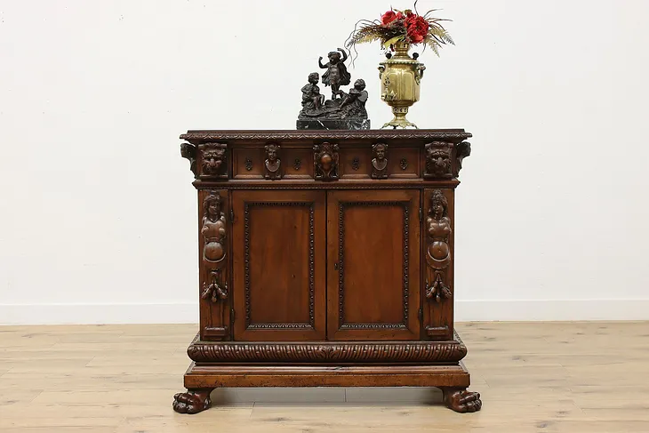 Italian Renaissance Antique Bar Cabinet Hall Console, Lions #51887