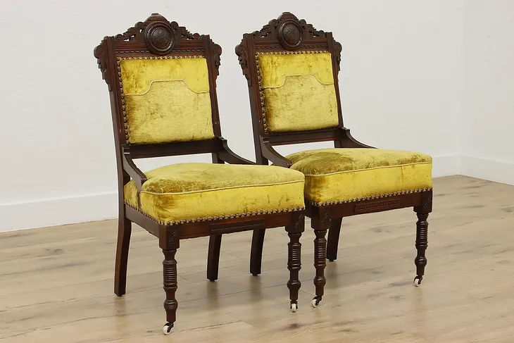 Pair Victorian Antique Side Chairs, Carved Swans #52322