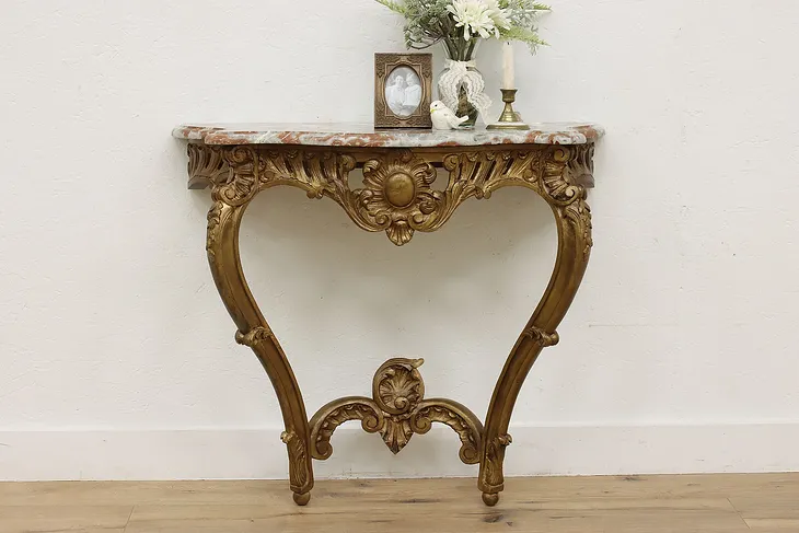 Rococo Design Vintage Marble Top & Gilt Wood Console Table #51234