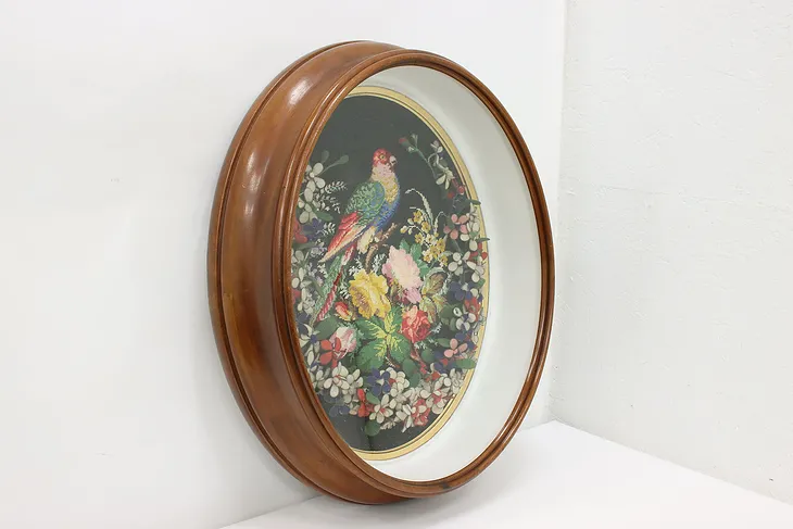 Victorian Antique Needlepoint Parrot & Flowers Shadowbox 26" #52146