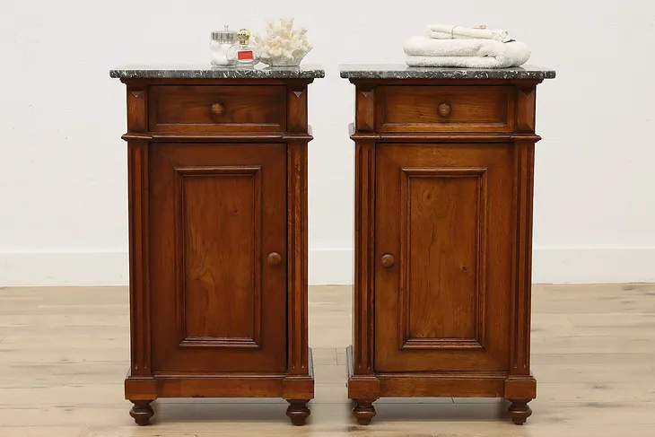 Pair Antique Tudor Design Marble Top Nightstands End Tables #52229