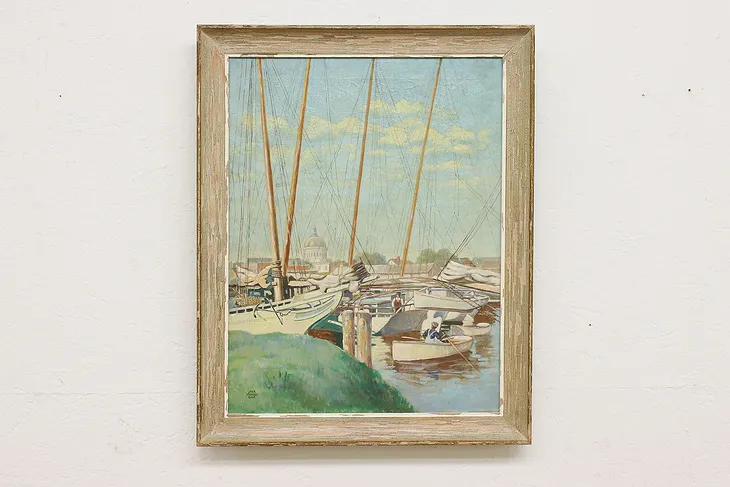 Bustling Boatyard Antique Original Oil Painting, Rose 30.5" #52582