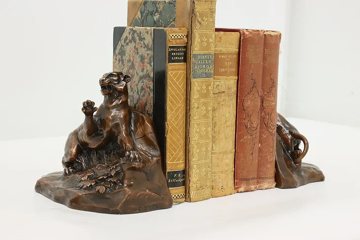 Pair of Vintage Copper Tiger Library Bookends, Jennings #51841