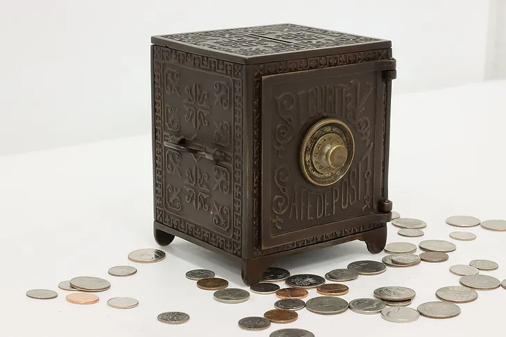 Victorian Cast Iron Antique Combination Coin Bank, Security #46755