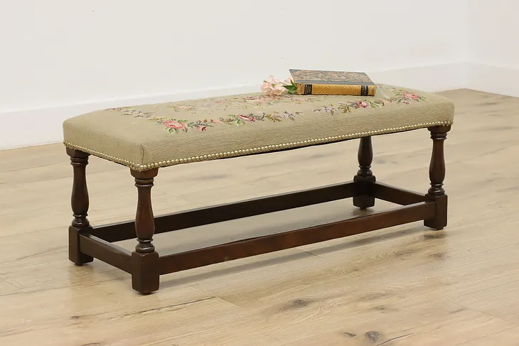 Tudor Design Antique Carved Oak & Needlepoint Bench, Flowers #52387