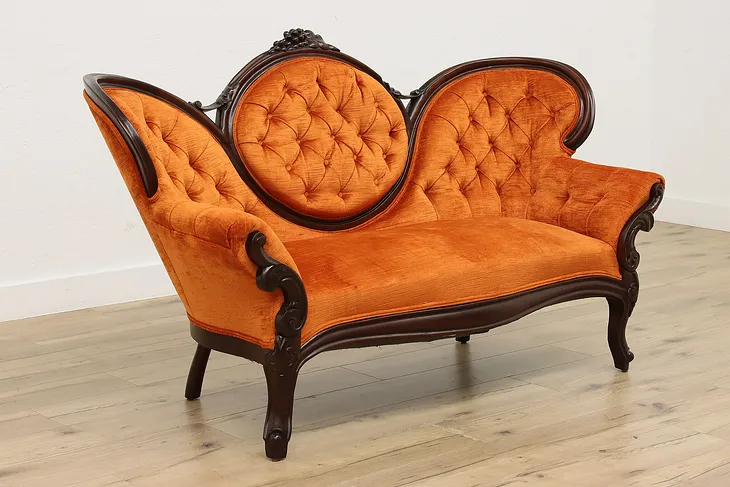 Victorian Antique Settee or Loveseat, Tangerine Upholstery #52307