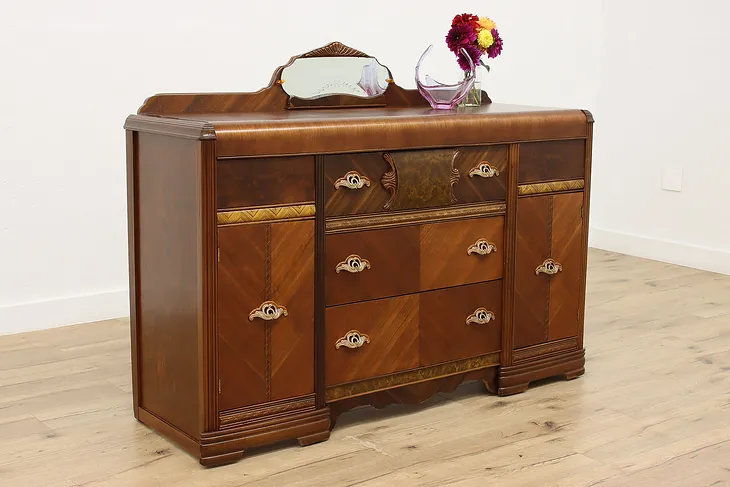 Art Deco Vintage Waterfall Walnut Sideboard Buffet, Mirror #51690