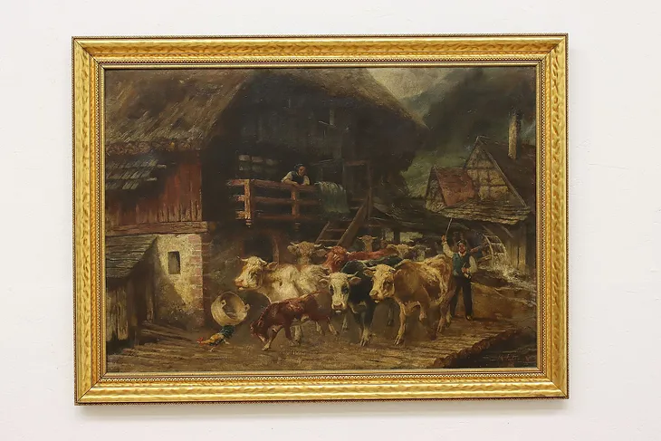 Cows in Village Antique Original Oil Painting, Plock 46" #52235