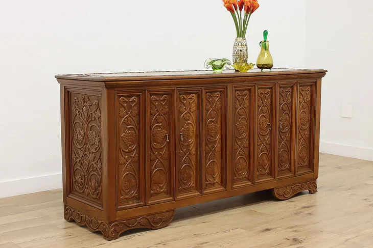 Walnut Vintage Buffet Sideboard Office Cabinet Carved Grapes #52254