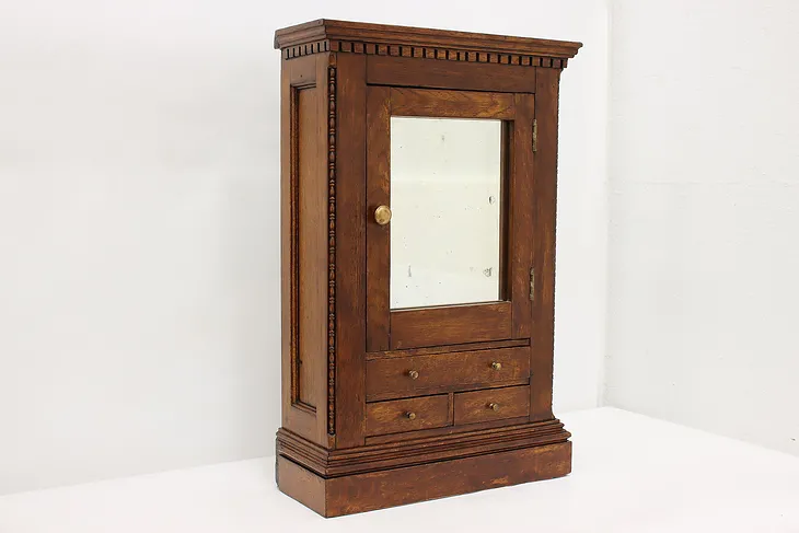 Victorian Antique Oak Wall Jewelry or Bath Cabinet, Mirror #52567