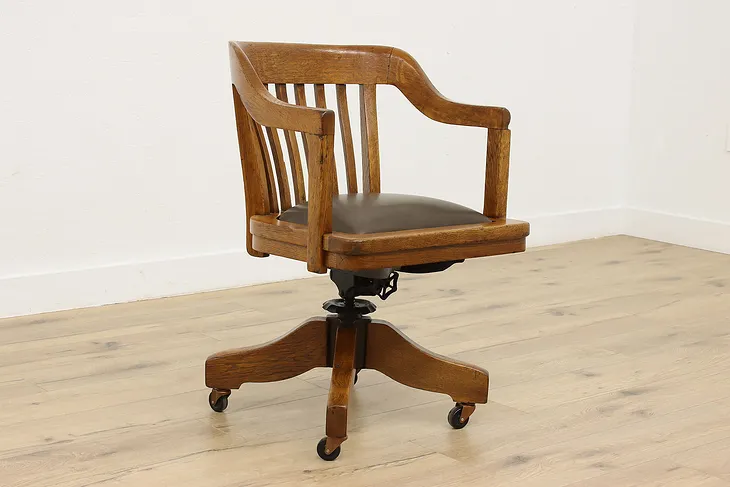 Traditional Antique Oak & Leather Office Library Desk Chair #52585