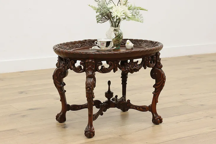 Carved Walnut Antique Coffee Table Rosewood Marquetry Top #51236