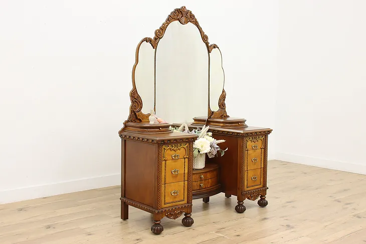 Tudor Design Carved Walnut Vanity or Dressing Table, Albert #52682