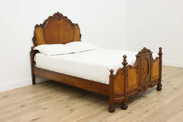 Tudor Design Vintage Carved Walnut & Maple Full Size Bed #52680