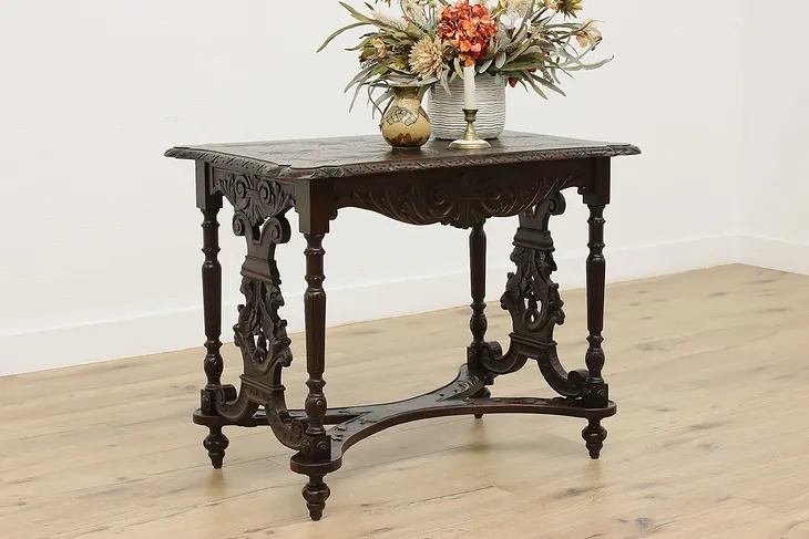 Victorian Antique Walnut Lamp or Hall Table, Carved Dragons #52845