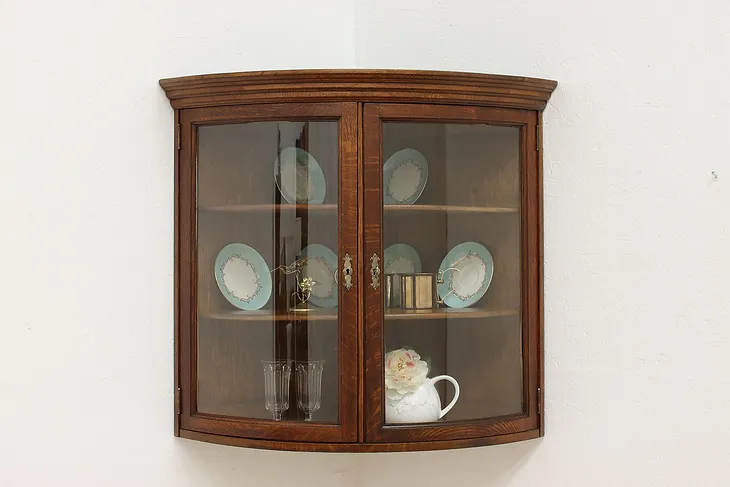 Victorian Antique Oak Curved Glass Wall Corner Cabinet #52729