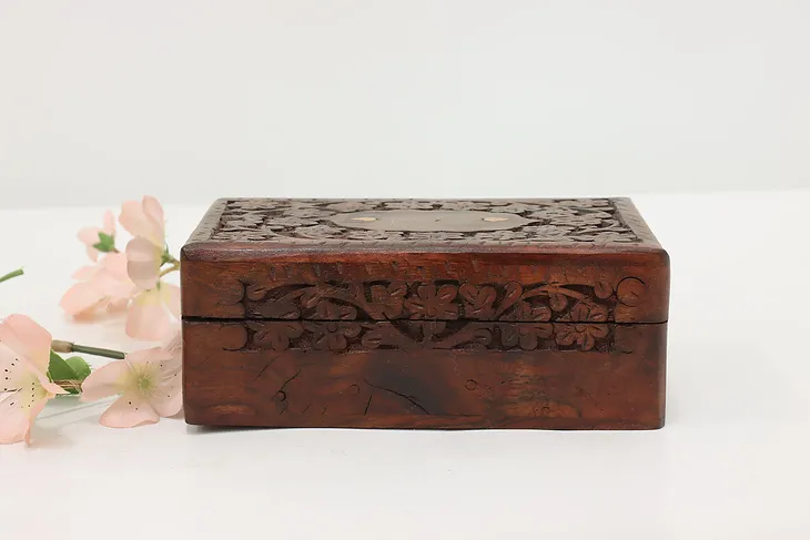 Indian Vintage Carved Rosewood Jewelry Box, Brass Inlay #52454