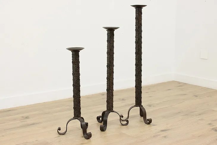 Set of 3 Vintage Wrought Iron Floor Candlestick Holders #52819