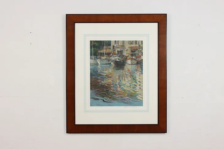 Yacht Harbor Vintage Lithograph Print Signed 36.5" #51572