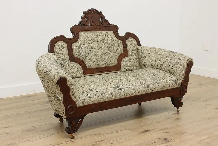 Victorian Antique Walnut & Burl Loveseat New Fabric #52622