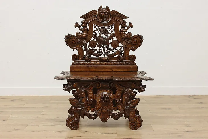 Renaissance Design Antique Walnut Hall Bench Lion & Dragons #52627