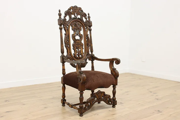 Italian Renaissance Design Antique Carved Throne Hall Chair #52658