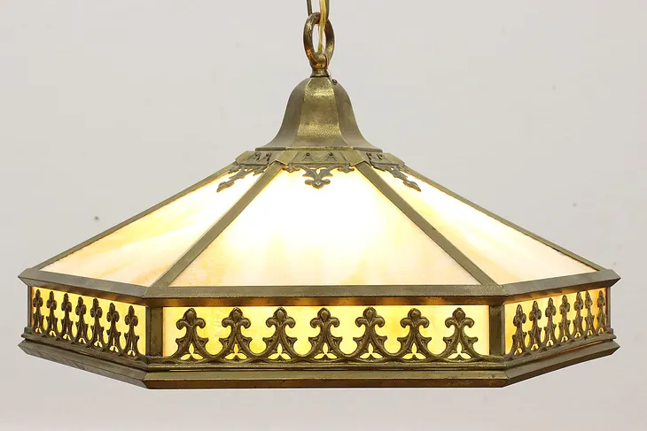 Arts & Crafts Antique Stained Glass & Brass Light Fixture #50641