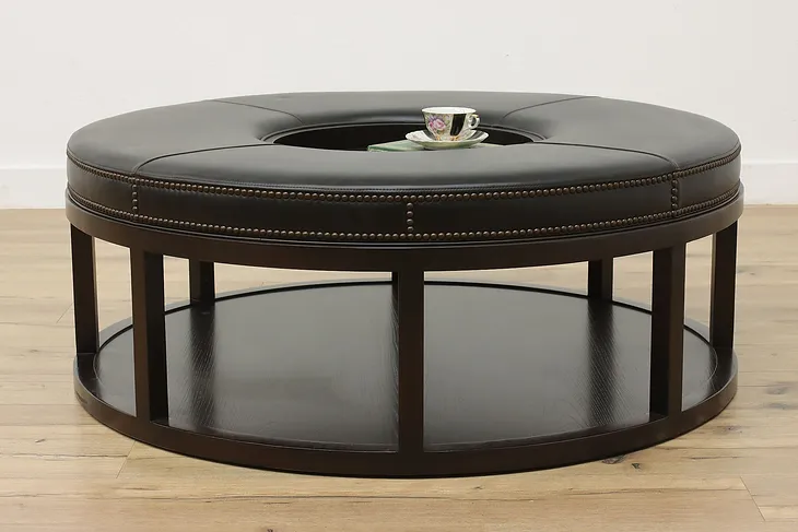 Traditional Round Leather & Ash Ottoman, Weiss Vanguard #49359