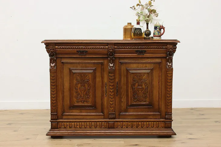 Renaissance Antique Carved Oak Bar or Hall Cabinet, Lions #52363