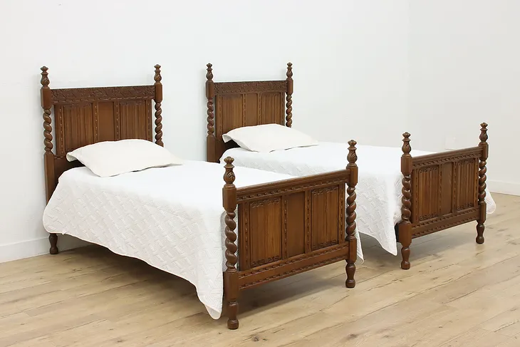 Pair of Tudor Design Antique Oak Twin Size Beds Barley Twist #52955