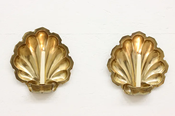 Pair of Vintage Brass Shell Wall Candle Sconces #49015