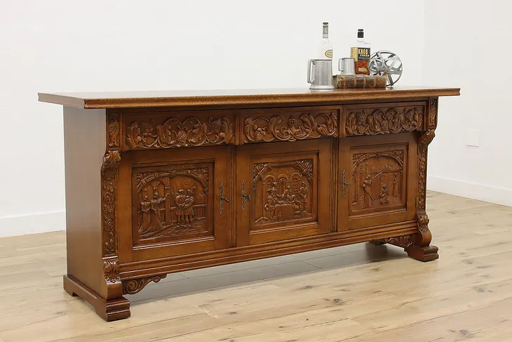 Scandinavian Vintage Carved Oak Buffet Sideboard, TV Console #52343