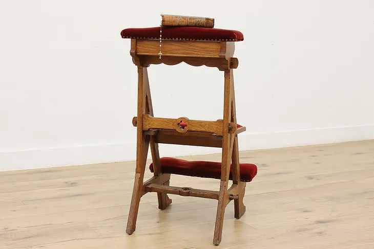 Tudor Antique Oak Church Kneeler & Chair, Red Velvet #52373