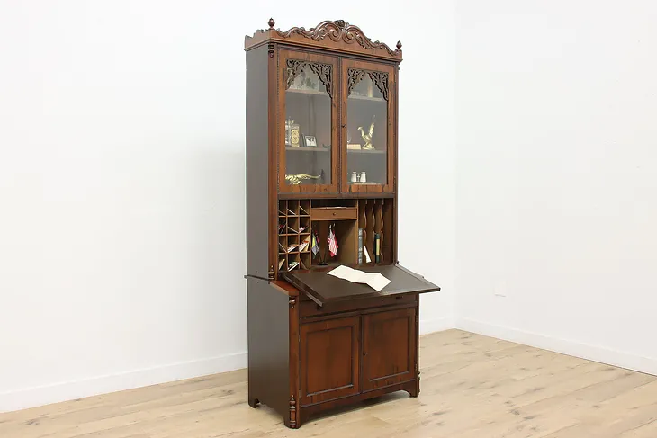 Victorian Antique Carved Rosewood Secretary Desk & Bookcase #52528