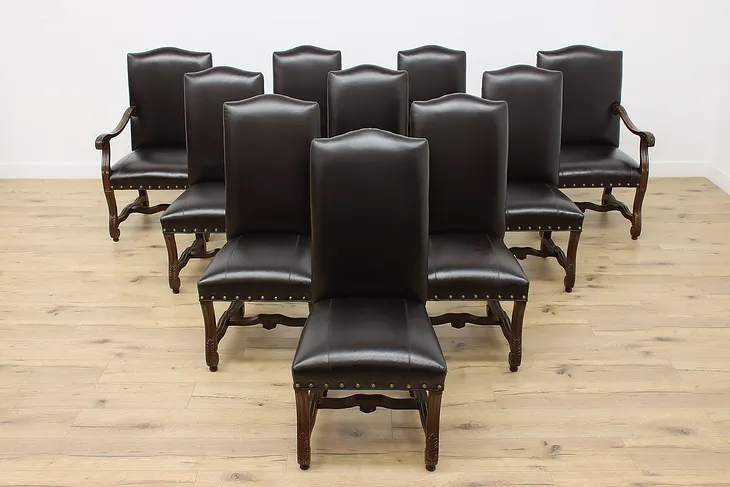 Set of 10 Traditional Large Leather Carved Dining Chairs #52882