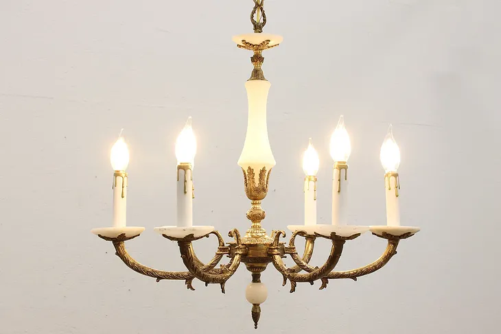 Brass & Alabaster Antique 6 Candle Chandelier #50153