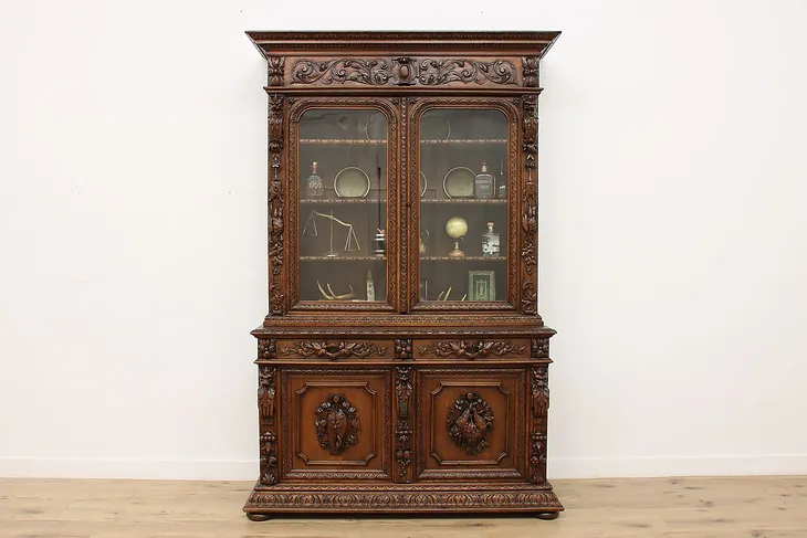 Black Forest Antique Carved Oak Bookcase China Bar Cabinet #53168