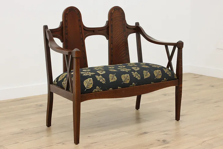 Arts & Crafts Mission Oak Antique Settee Bench, New Fabric #52060