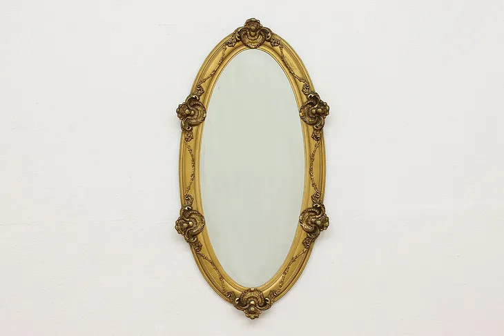 French Antique Gold Painted Oval Wall Mirror, Shells & Roses (1)