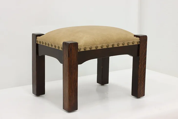 Arts & Crafts Mission Antique Oak & Leather Footstool #53052