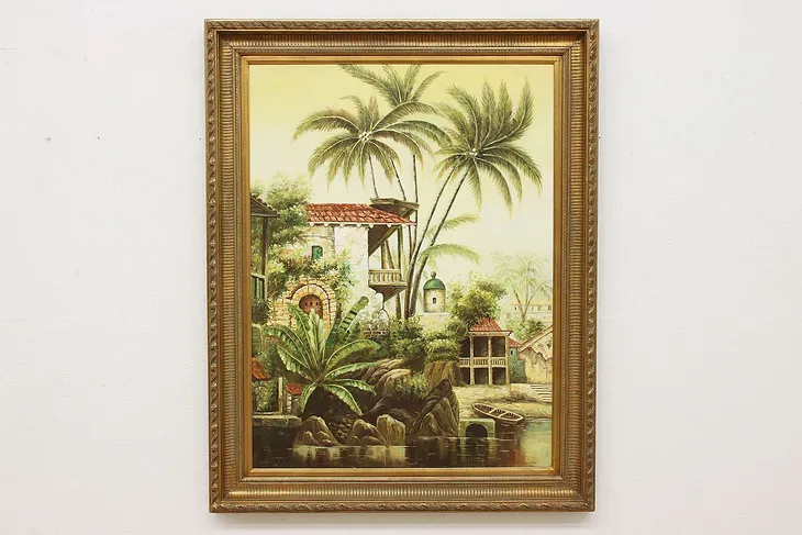 Tropical Island Town Vintage Original Oil Painting, 57.5" #53049