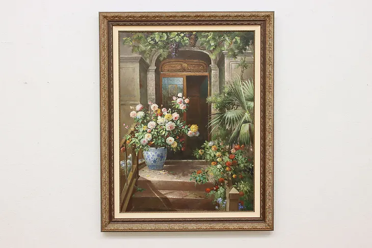 Tropical Villa Doorway Vintage Original Oil Painting 57" #53050