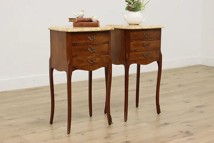 Pair of French Vintage Marble Top Nightstands or Side Tables #53171