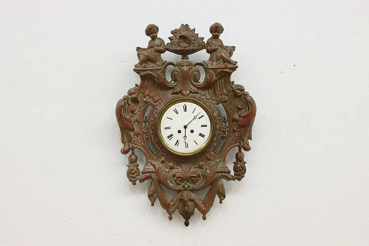 Victorian Antique French Cast Iron Wall Clock, Cherubs #50999