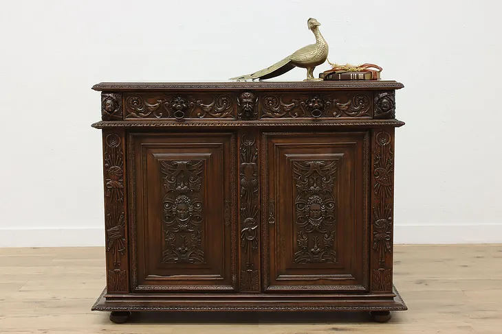 Renaissance Antique Carved Walnut Chest Hall Console Cabinet #53150