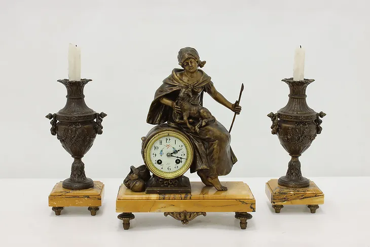 French Antique 3 Pc Marble Mantel Clock Set, Shepherdess #35346