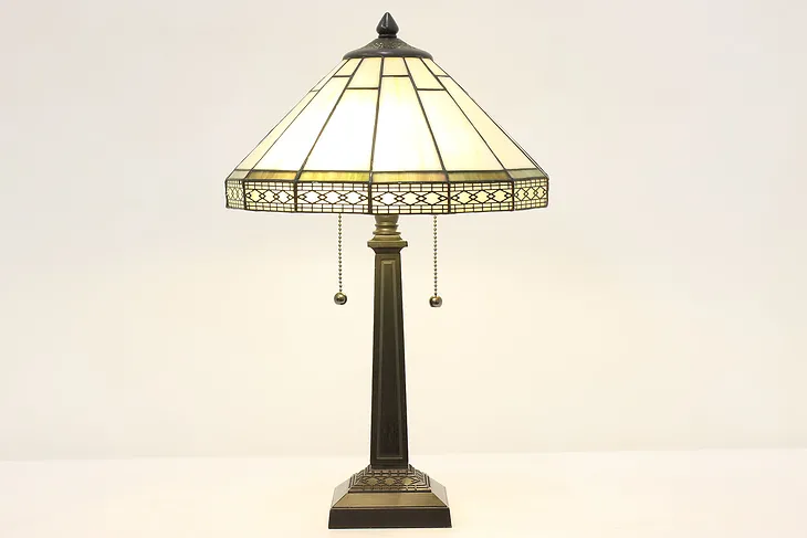 Arts & Crafts Vintage Stained Glass Office or Library Lamp (1)