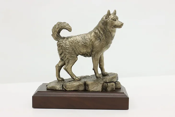 Bronze Vintage Husky Sculpture on Walnut Base, Shoop (1)