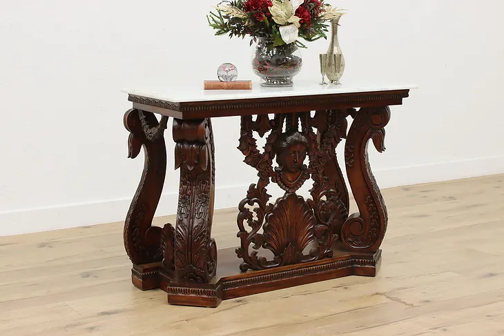 Classical Vintage Marble & Carved Mahogany Console Table  #53143