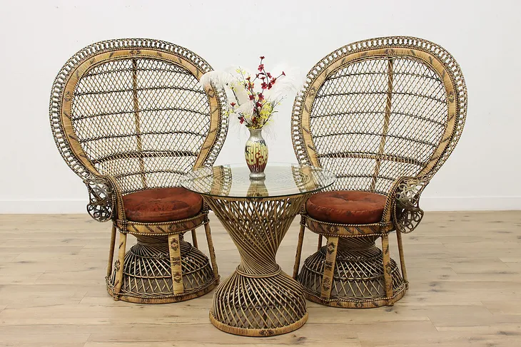 Wicker Rattan Vintage Oaur Peacock Chairs & Table Set (1)